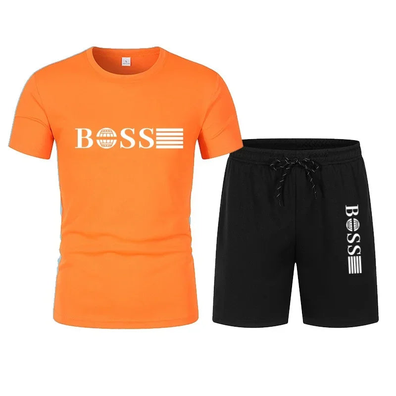 Spring and summer new two-piece men's running T-shirt and short casual elastic round neck sports suit comfortable quick drying
