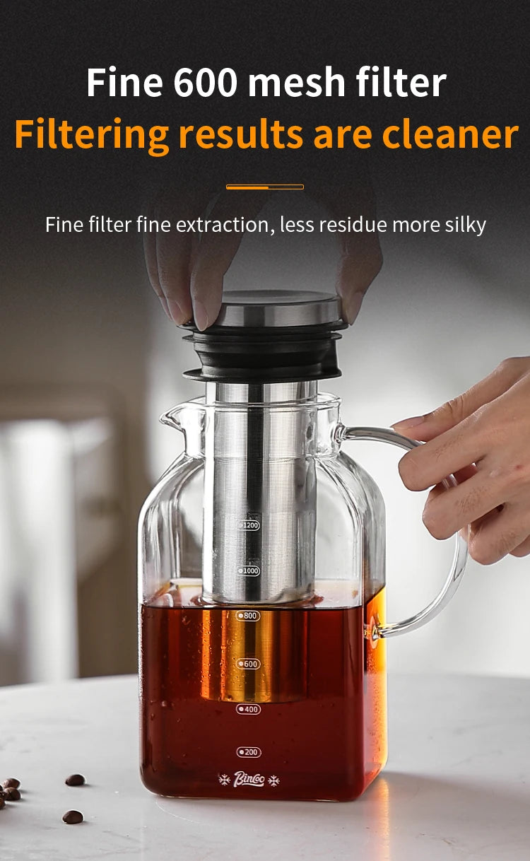 Bincoo 1200ML Glass Cold Brew Coffee Pot with double-layer Filter Cups Water Bottle Extracted Espresso Coffee Maker Juice Kettle