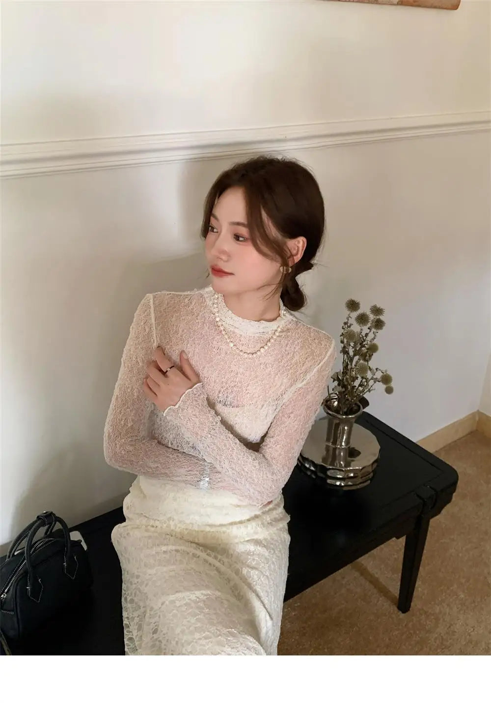 Sexy Lace Shirt Half High Collar Mesh Thin Long Sleeve Floral Embroidery Slim Fit Top Transparent Design Fashionable Spring 2024
