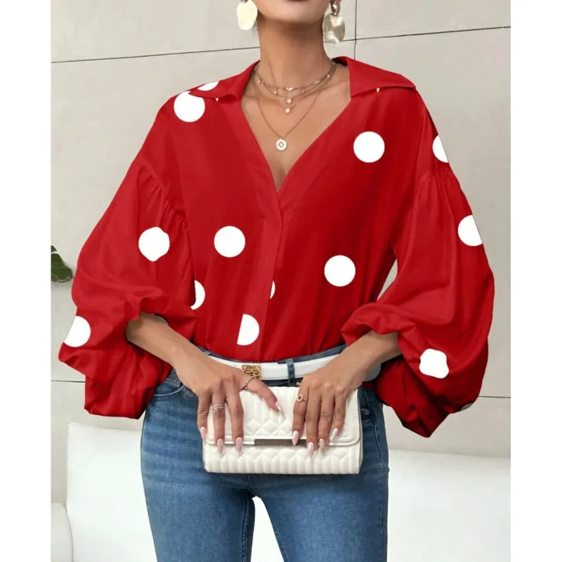 Boho Women's Blouses Spring Fall New Fashion French Polka Dot Half-neck Design Loose Puff Long-sleeve Top Casual Shirts Women