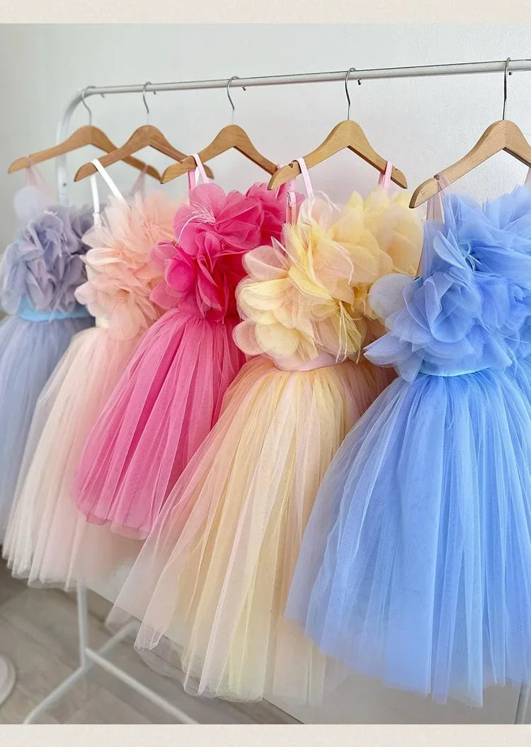 Girl Clothes Children's Flower Dress Wedding Princess Dresses Little Girls Pink Blue Strap Tulle Tutu Skirt Purple Spaghetti