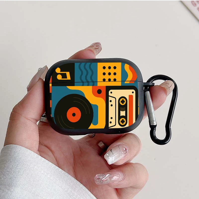 Trendy Retro Music Pattern Earbuds Case For AirPods 4/3/2/1 Case For AirPods Pro 3/Pro 2/Pro TPU Protective Cover with Keychain