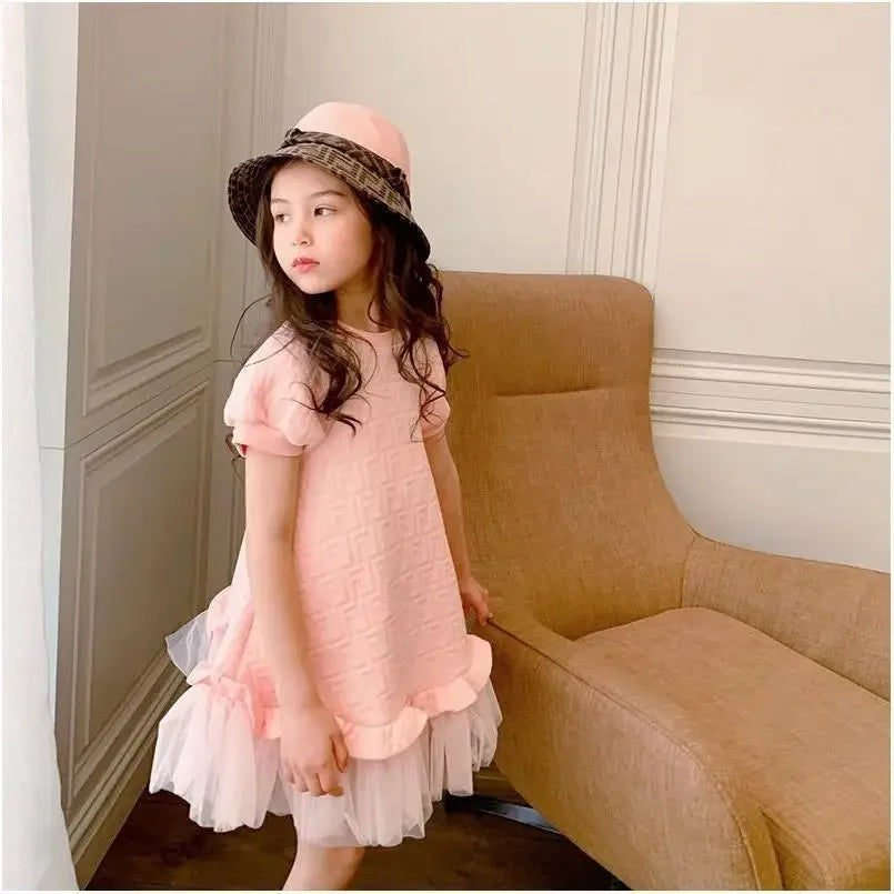 Girls Fashion Pink Princess Dress Kids Summer Puff Sleeve Casual Dresses Children Korean Style Mesh Clothing Gift Lolita Dress