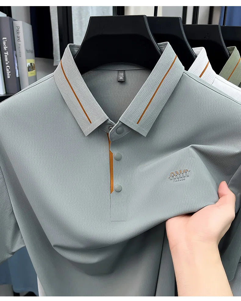 Luxury brand ice silk short sleeve polo shirt men's summer fashion letter embossed comfort breathable leisure high-end T-shirt