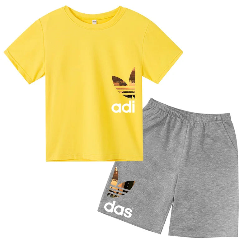 Summer 3-13Y Kids Fashion Creative Sports Outdoor Print Short Sleeve T-Shirt & Shorts Set - Stylish Children's 2-Piece Activewea