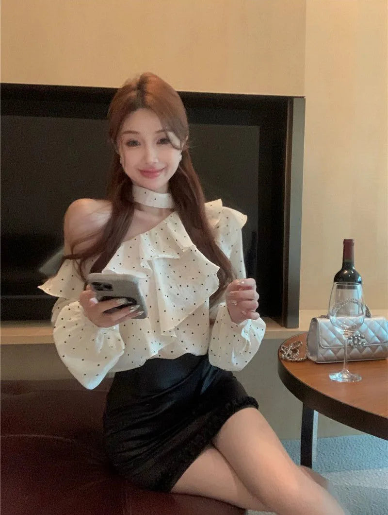 French Style Halter Neck Polka Dot Chiffon Shirts Woman Elegant Off Shoulder Ruffle Blouses Ladies Korean All-Match Trend Blusas