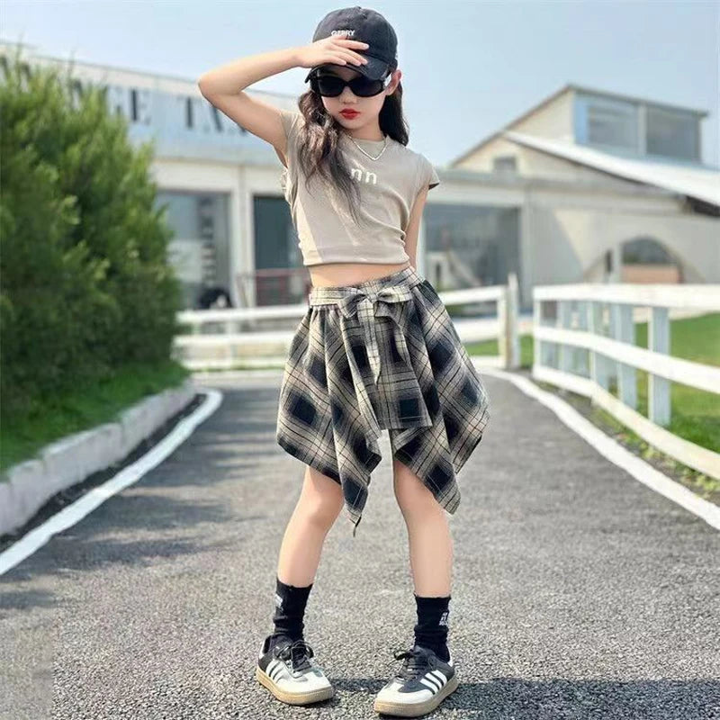 Summer Girls Clothing Set Solid Color Letter Print T-shirt+Plaid Irregular Skirt 2Pcs For 5-14 Years Teen Kids Fashion Outfit