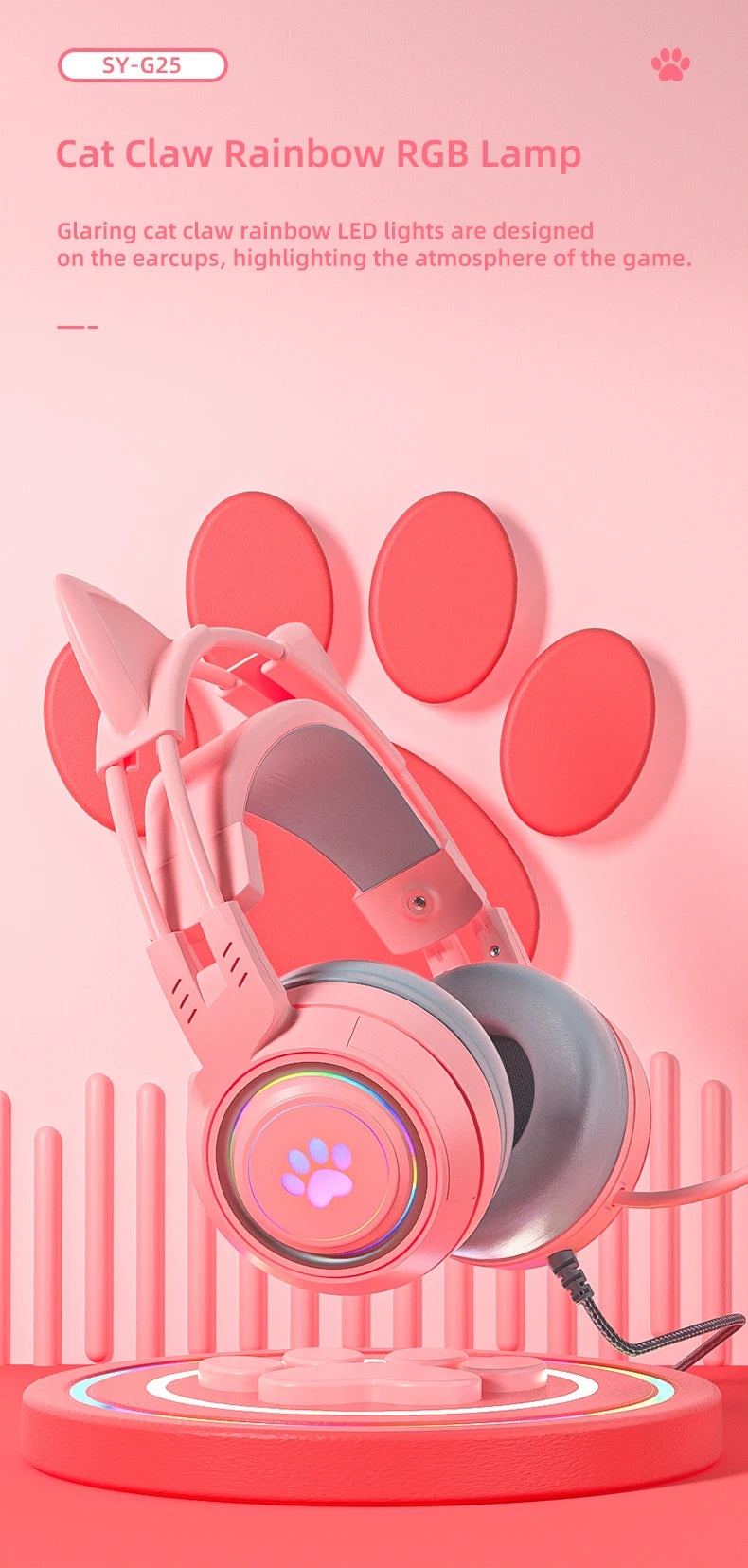 pink Gaming Headset for PC, PS4, PS5, Laptop 3.5mm Noise Reduction with Mic Noise Cancelling, LED Light for Girls, Women