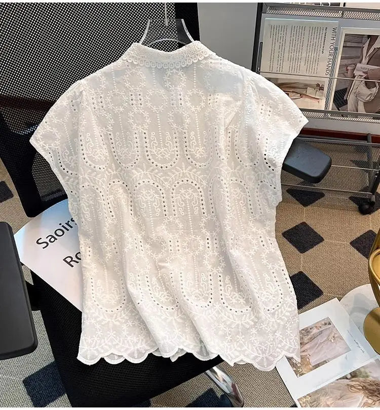 Elegant European Summer 2025 New Design Sense Small Hollow out Embroidery  Collar Top Versatile Match Korean Style Loose Fit