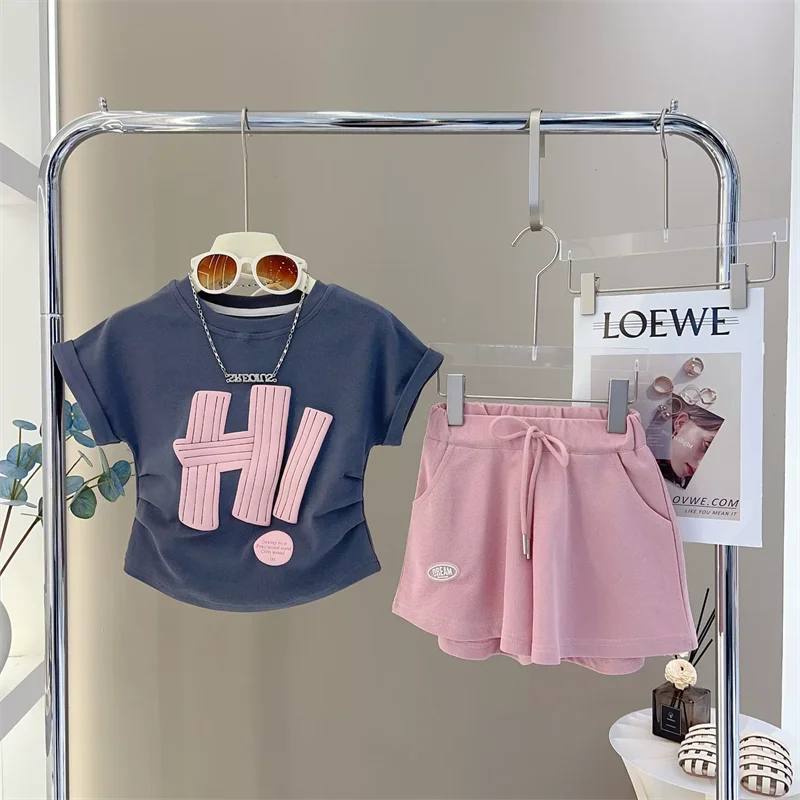 New Girls Summer Sets Children Casual Printed T-Shirt Suit Kids Short-Sleeve Top+Shorts Pcs Outfits Teenager Fashion Clothes