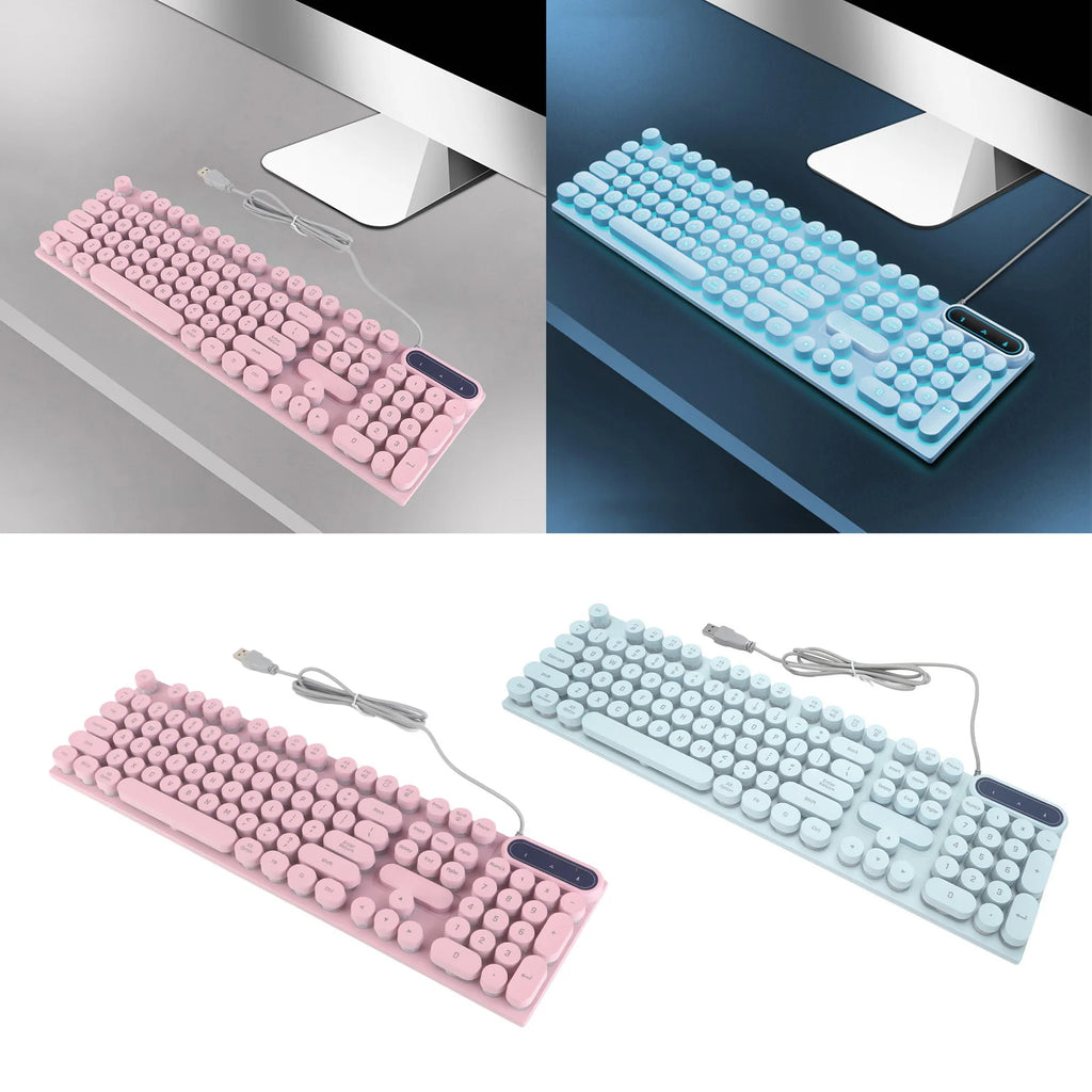 1Pc Gaming Keyboard USB Round 104 Keycaps Backlit Ergonomic Fodable Feet Multimedia Keys Wired Keyboard for Desktop Laptop