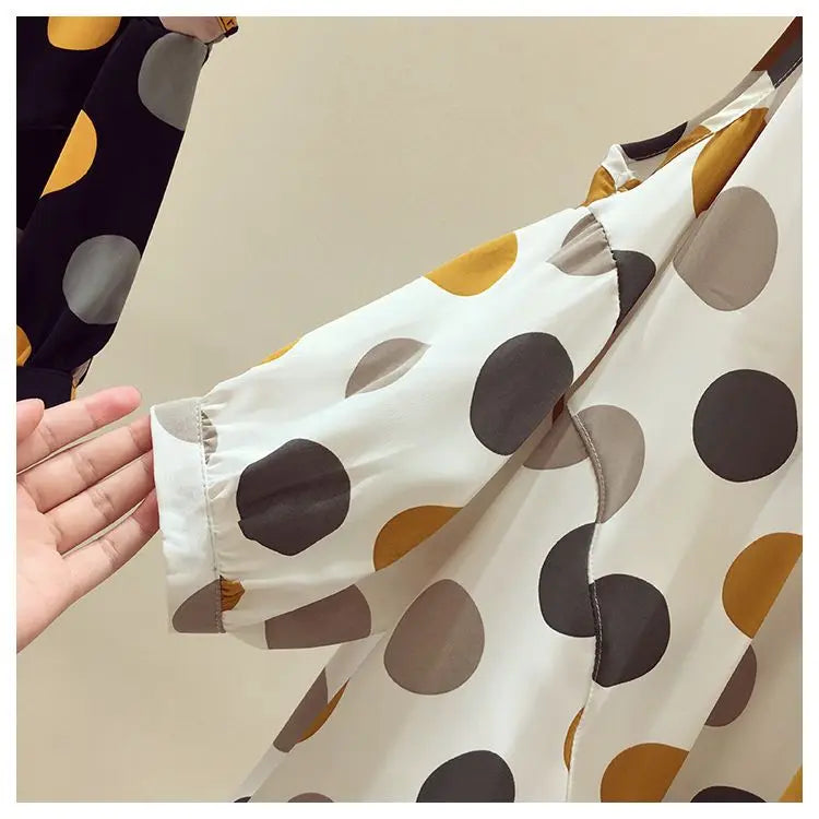 Oversize Summer Polka Dot Printed Chiffon Blouses Women Round Neck Patchwork Short Sleeve Shirt Off Shoulder Tops Female Clothes