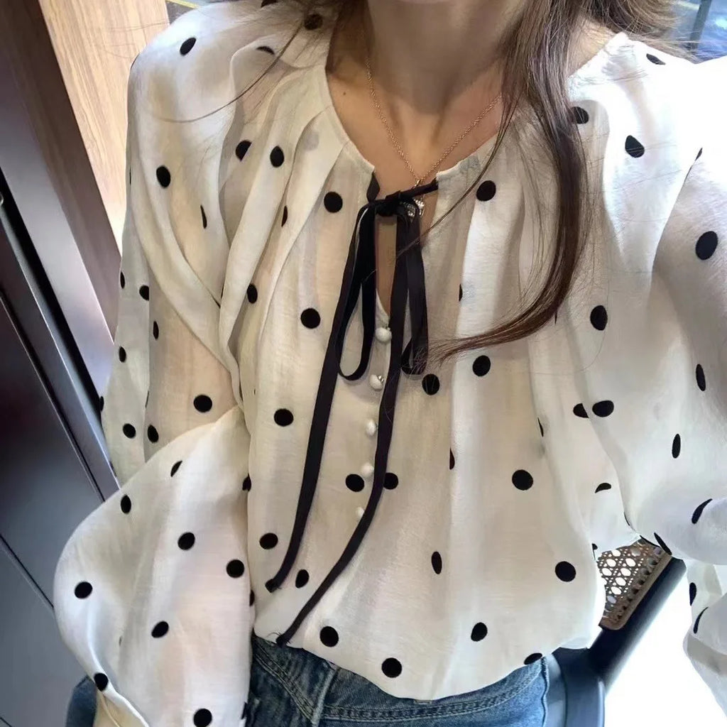 Sweet French Style Polka Dot Bubble Sleeve Sun Protection Shirt Women Spring Summer Fashion Anti Aging Doll Top Silk Blouse