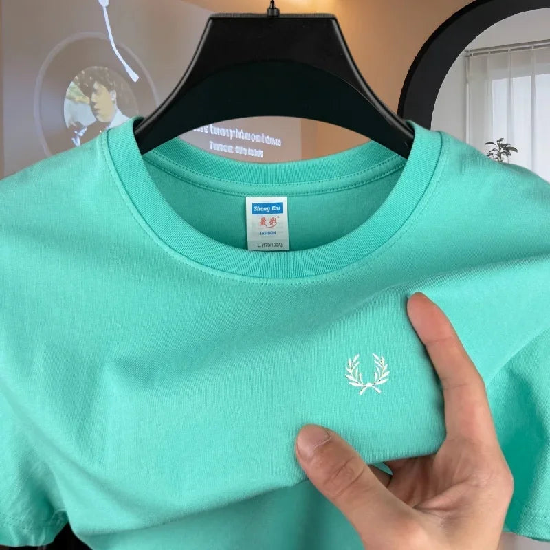 100% pure cotton high-end brand men's round neck short sleeved top summer fashion luxury wheat embroidery design casual T-shirt