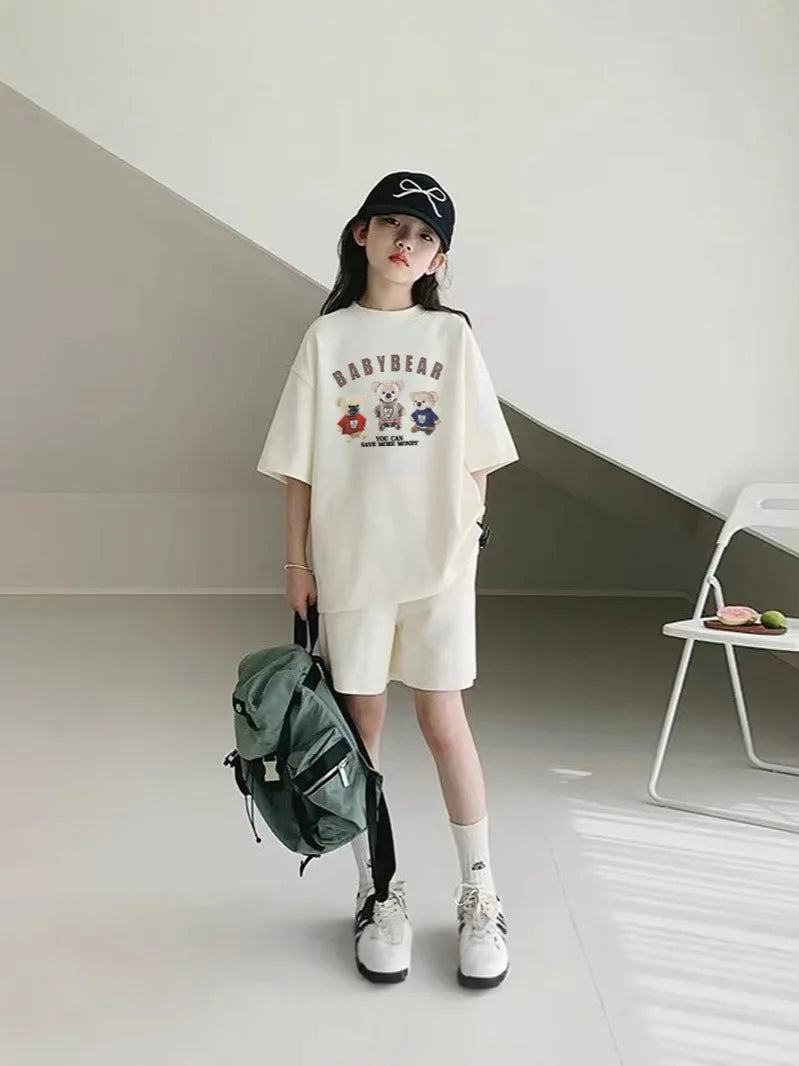 2026 SUMMER children set Girls Clothes sport tracksuit teenager bear letter T-shirt + shorts hot pant 4 5 7 8 9 10 11 12 years