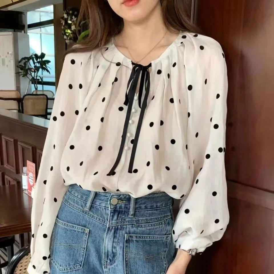 Sweet French Style Polka Dot Bubble Sleeve Sun Protection Shirt Women Spring Summer Fashion Anti Aging Doll Top Silk Blouse