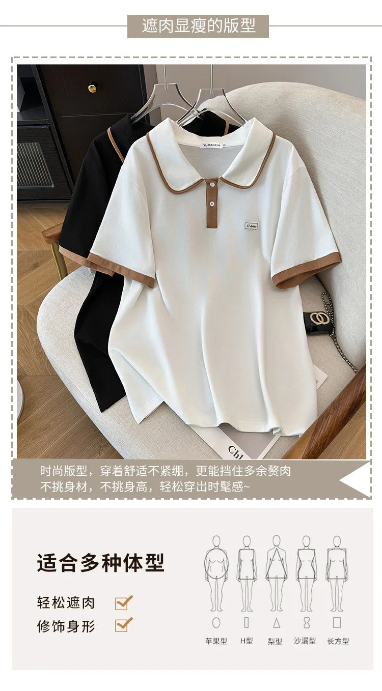 175Kg Plus Size Women's Bust 170 Summer Loose Lapel Top Short Sleeve T-Shirt Black White 6XL 7XL 8XL 9XL 10XL 11xl