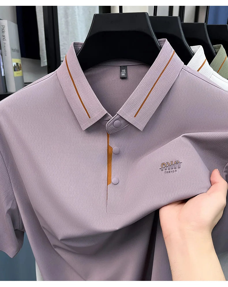Luxury brand ice silk short sleeve polo shirt men's summer fashion letter embossed comfort breathable leisure high-end T-shirt
