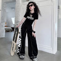 Summer teen girl Hip Hop Jazz Street Dance Costume Suit Cool Print Hollow Short T-shirt+Casual Sports Pants Set Child Outfits