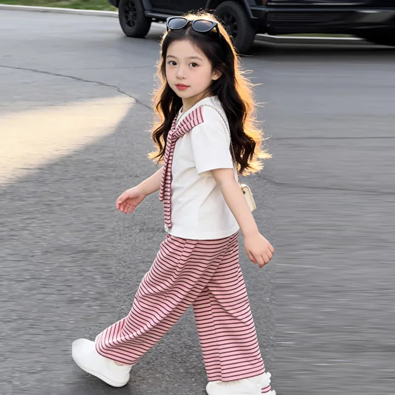 New Girls Summer Sets Children Casual Printed T-Shirt Suit Kids Short-Sleeve Top+Shorts Pcs Outfits Teenager Fashion Clothes