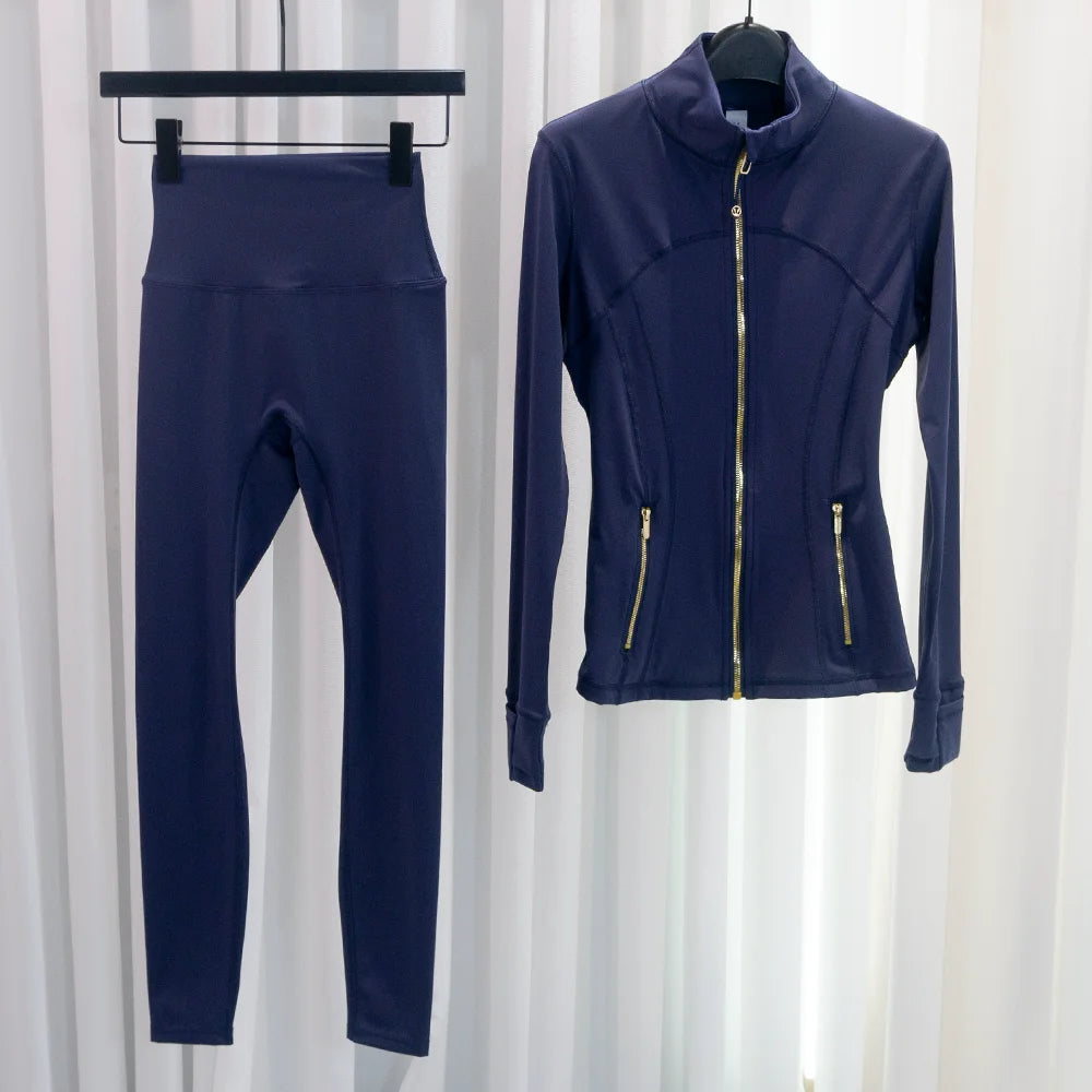Set with a high-end feel, stand-up collar, slim-fit jacket for women, slimming nine-point yoga pants, casual two-piece set