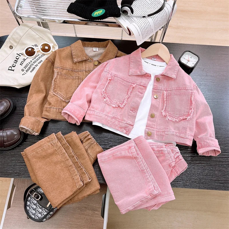 2025 Spring Autumn New Girls Clothing Set Teen Girls Solid Color Denim Jacket+Wide Leg Pants 2Pcs  For 4-12Y Kids Fashion Outfit