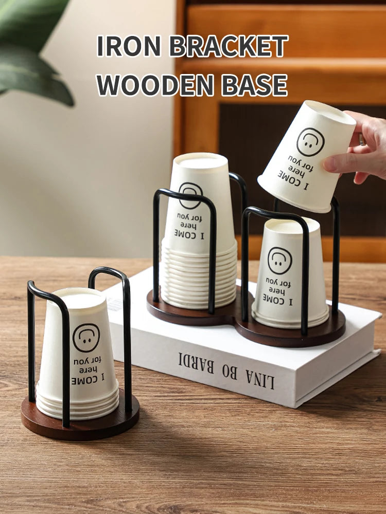 Wooden Disposable Cup Dispenser with Long Stick Tea Water Cup Storage Holder Rack Shelf Mug Display Stand Organizer for Home