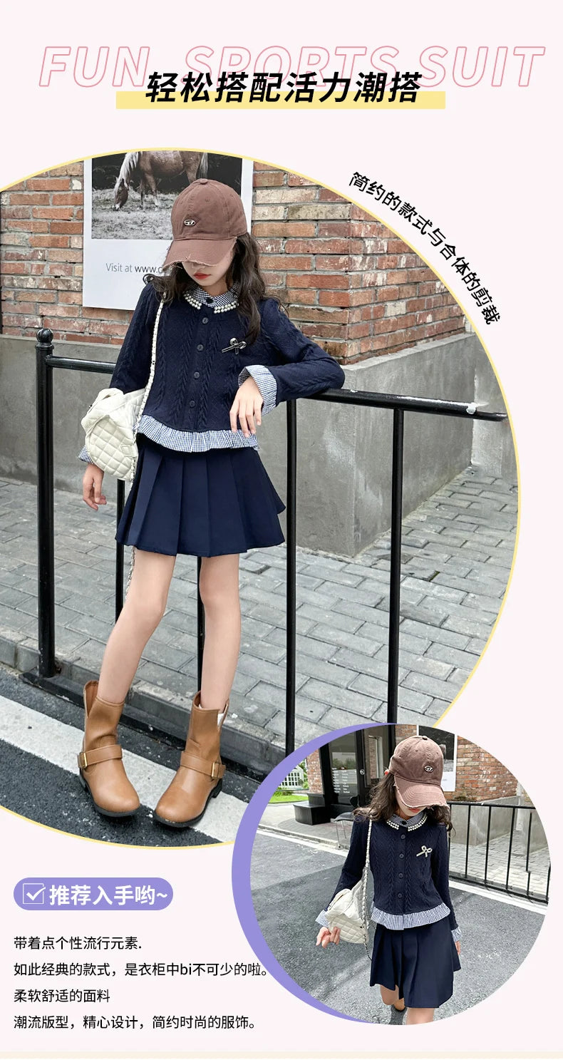 teen girls college style clothes set Striped patchwork ruffle hem tops jacket+Pleated skirt 2pcs junior kids suit child outfits