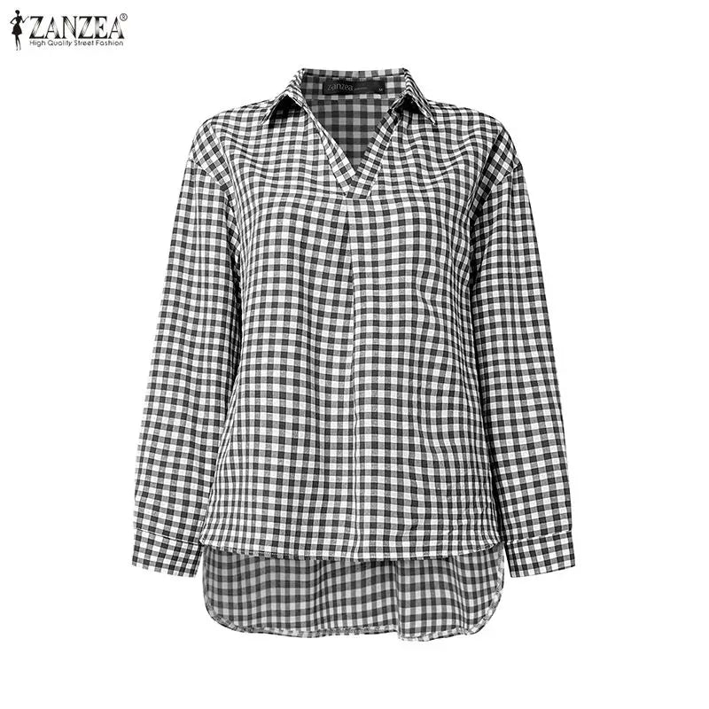 ZANZEA Women's Gingham Pant Suits Collared Long Sleeve High-Low Blouse & Wide Leg Pant 2 Pieces Sets Streetwear Casual Outfits