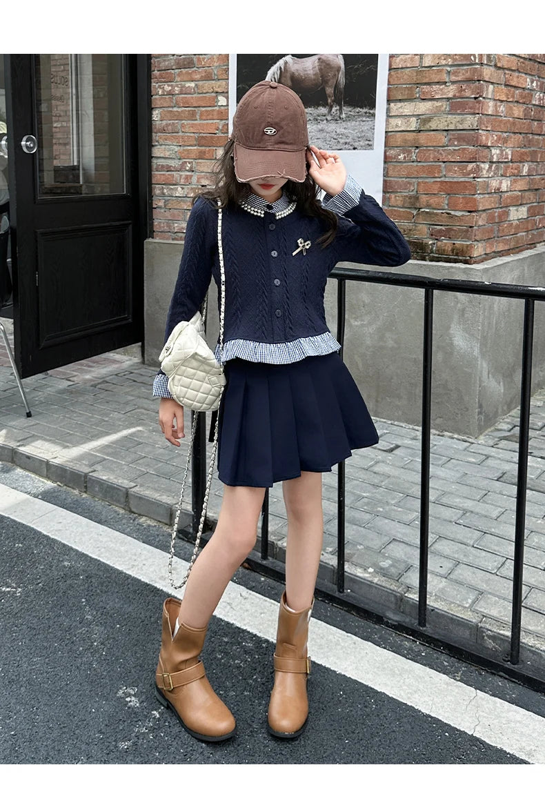teen girls college style clothes set Striped patchwork ruffle hem tops jacket+Pleated skirt 2pcs junior kids suit child outfits