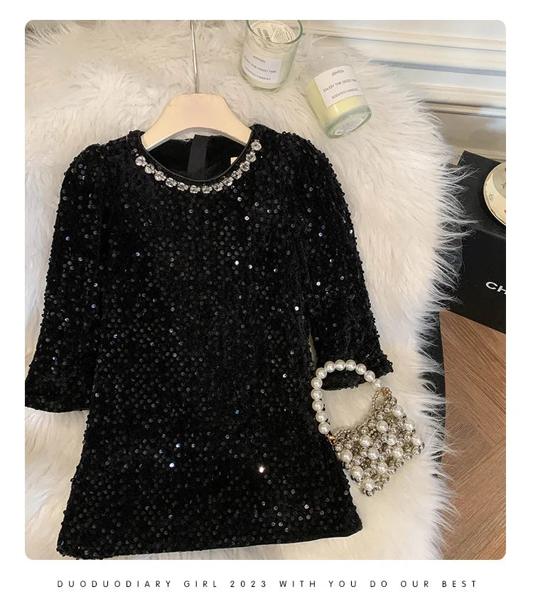 Girls' Dress Winter New Foreign Style Girls Velvet Princess Dress Children's Fashionable Sequined Heavy Industry Dress
