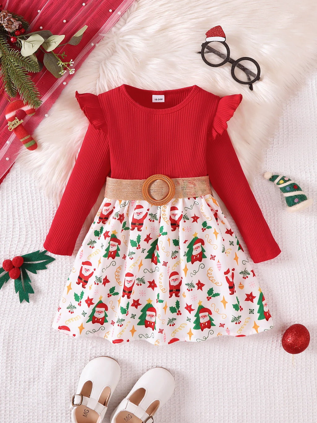 1-7 Years Children Girls New Year Dress Red Long Sleeved Flower Skirt for Birthday Wedding Party Wear Fashion Autumn Outfits