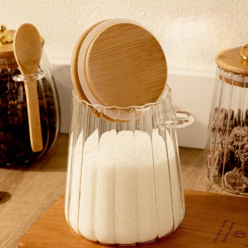 Food Container Kitchen Storage Bottles Glass Airtight Canister Grains Tea Coffee Beans Grains Candy Jars with Wood Lid and Spoon