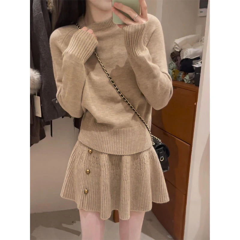Women's Loose Knitted Sweater High Waist A-Line  Skirt Set round Neck Long Sleeve Fashionable Autumn Winter Ensemble