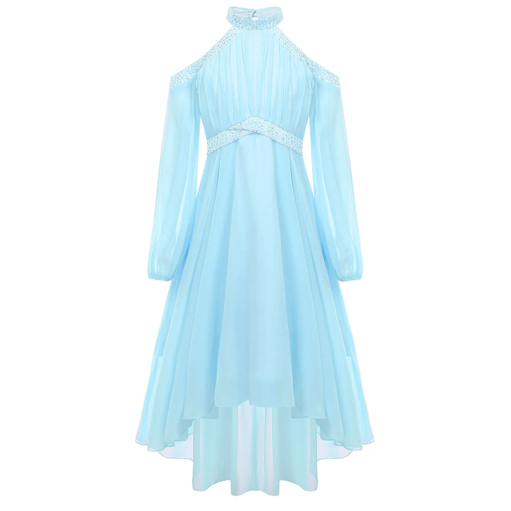Kids Girls Elegant Party Dress Halter Off-shoulder High Waist Ruffled Chiffon Dresses Wedding Birthday Pageant Evening Prom Gown