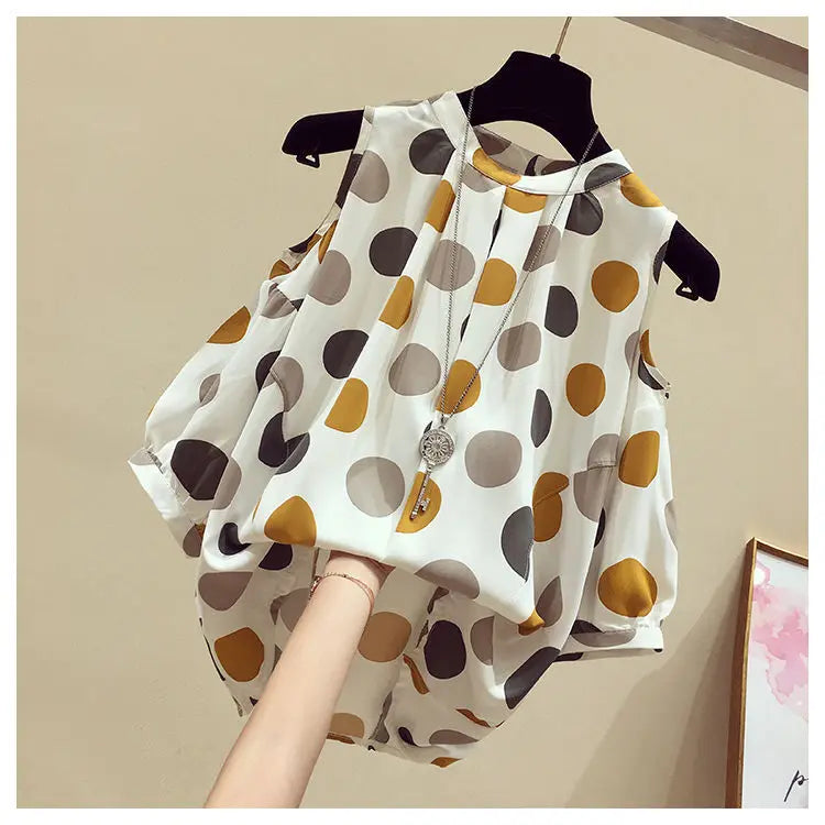 Oversize Summer Polka Dot Printed Chiffon Blouses Women Round Neck Patchwork Short Sleeve Shirt Off Shoulder Tops Female Clothes