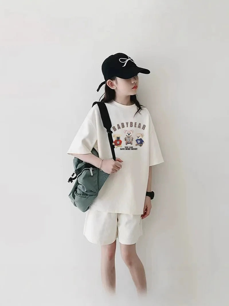 2026 SUMMER children set Girls Clothes sport tracksuit teenager bear letter T-shirt + shorts hot pant 4 5 7 8 9 10 11 12 years