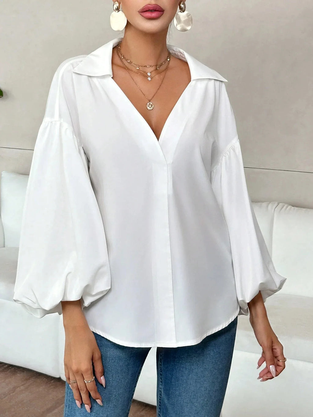 Boho Women's Blouses Spring Fall New Fashion French Polka Dot Half-neck Design Loose Puff Long-sleeve Top Casual Shirts Women