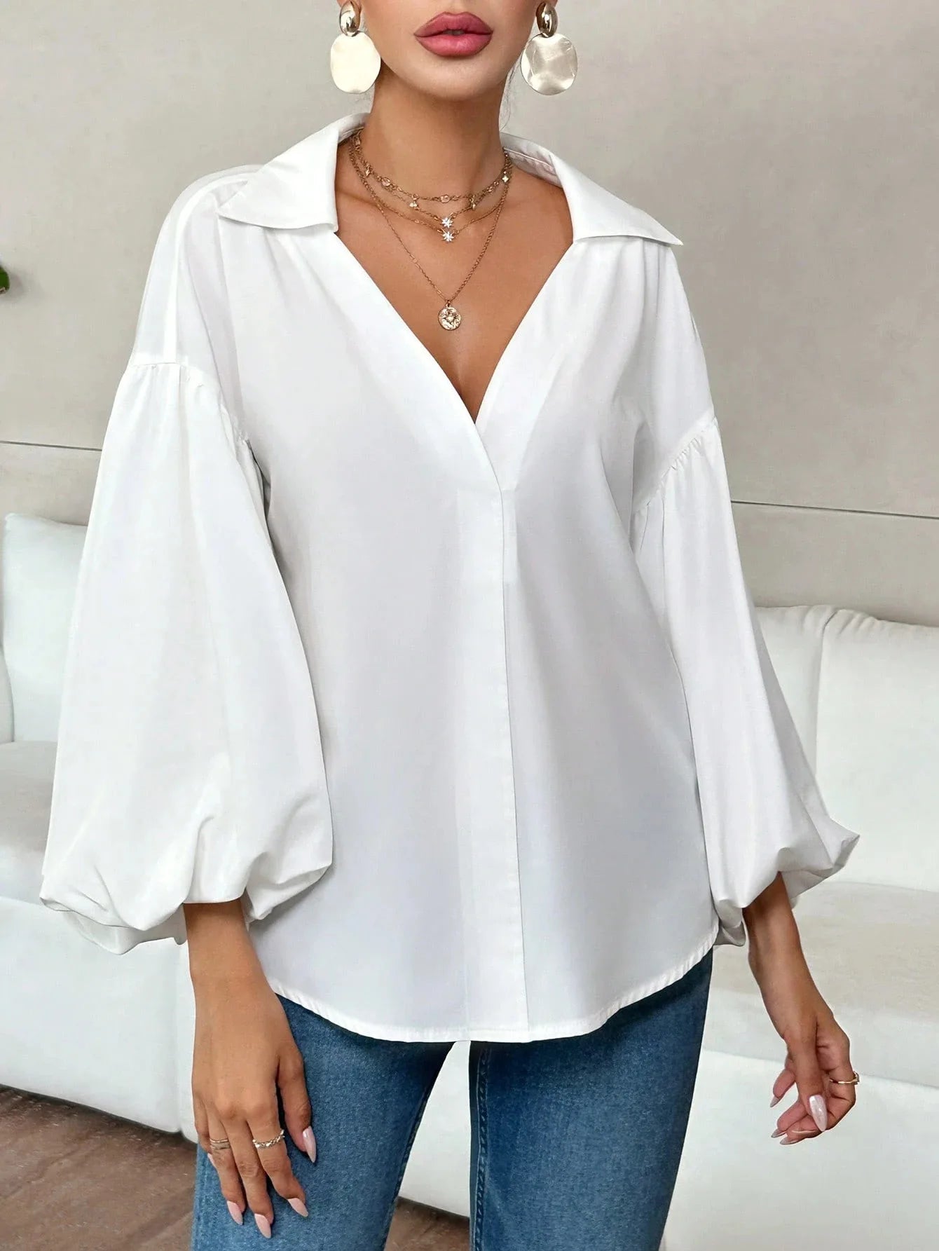 Boho Women's Blouses Spring Fall New Fashion French Polka Dot Half-neck Design Loose Puff Long-sleeve Top Casual Shirts Women