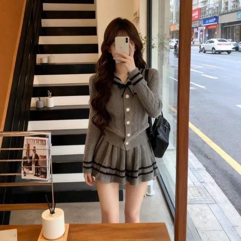 Women's Knitted High Waist Long Sve Set ay Lazy Sle Top And  Skirt Two Piece Suit Autumn Faion Casual Outfit