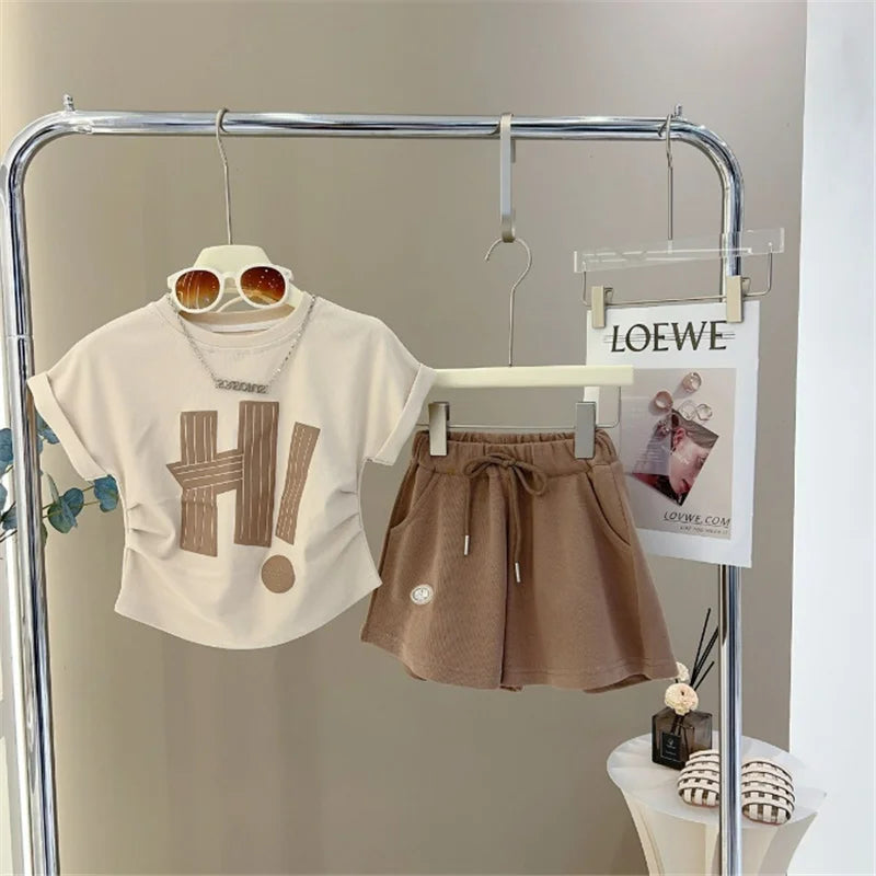 New Girls Short Sleeve Sets Summer Letter T-Shirt Tops+Shorts 2Pcs Suits Kids Clothes Sport Casual Straight Outfits 3-12 Years