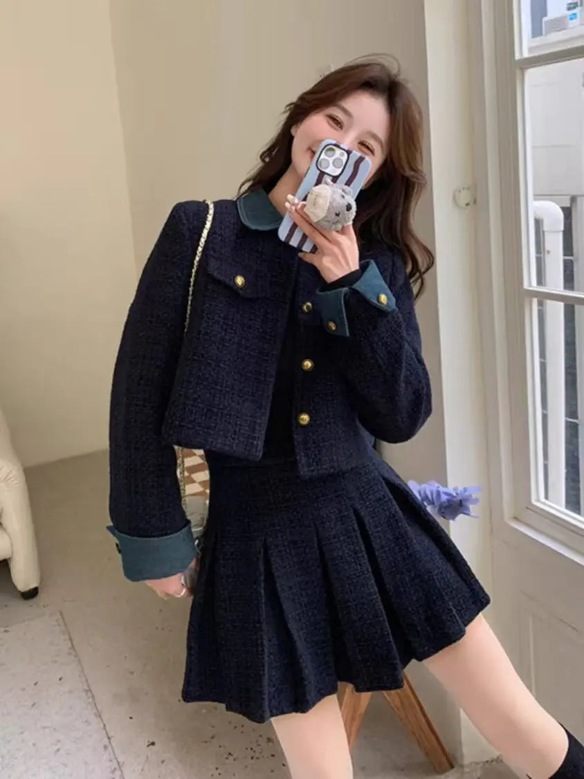 Women's Autumn Winter Short Splicing Coat High Waist Pleated Skirt Set Korean Style Floral Print Breathable Polyester Fiber