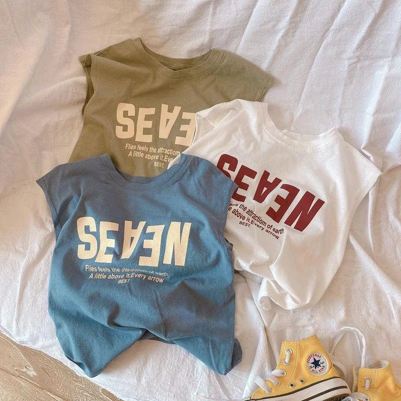 Children'S New Fashion Summer T-Shirts Boys Girls Sleeveless Vests Cartoon Tee Tops 100% Cotton Comfortable Kids T-Shirt Clothes