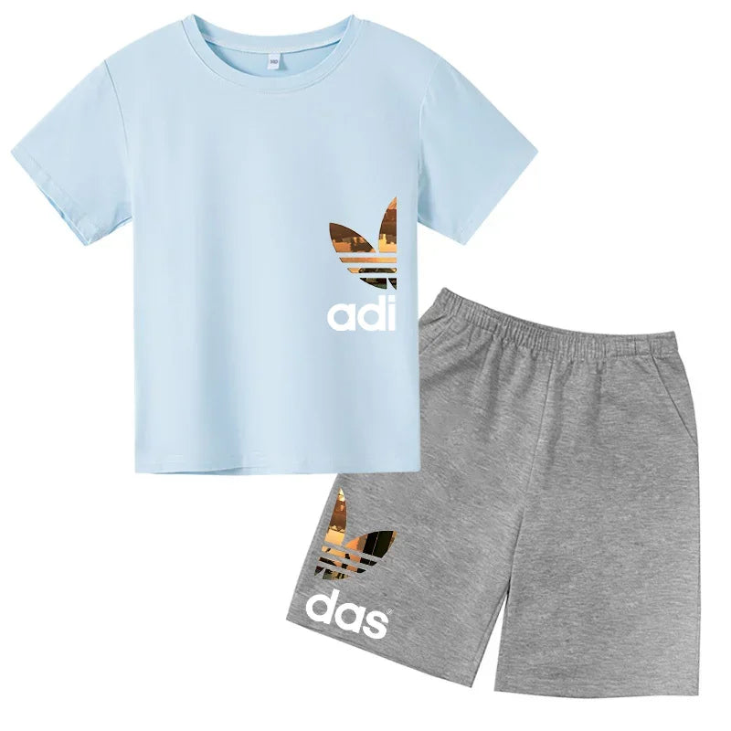 Summer 3-13Y Kids Fashion Creative Sports Outdoor Print Short Sleeve T-Shirt & Shorts Set - Stylish Children's 2-Piece Activewea