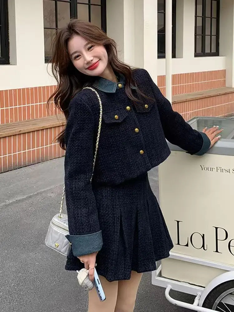Women's Autumn Winter Short Splicing Coat High Waist Pleated Skirt Set Korean Style Floral Print Breathable Polyester Fiber