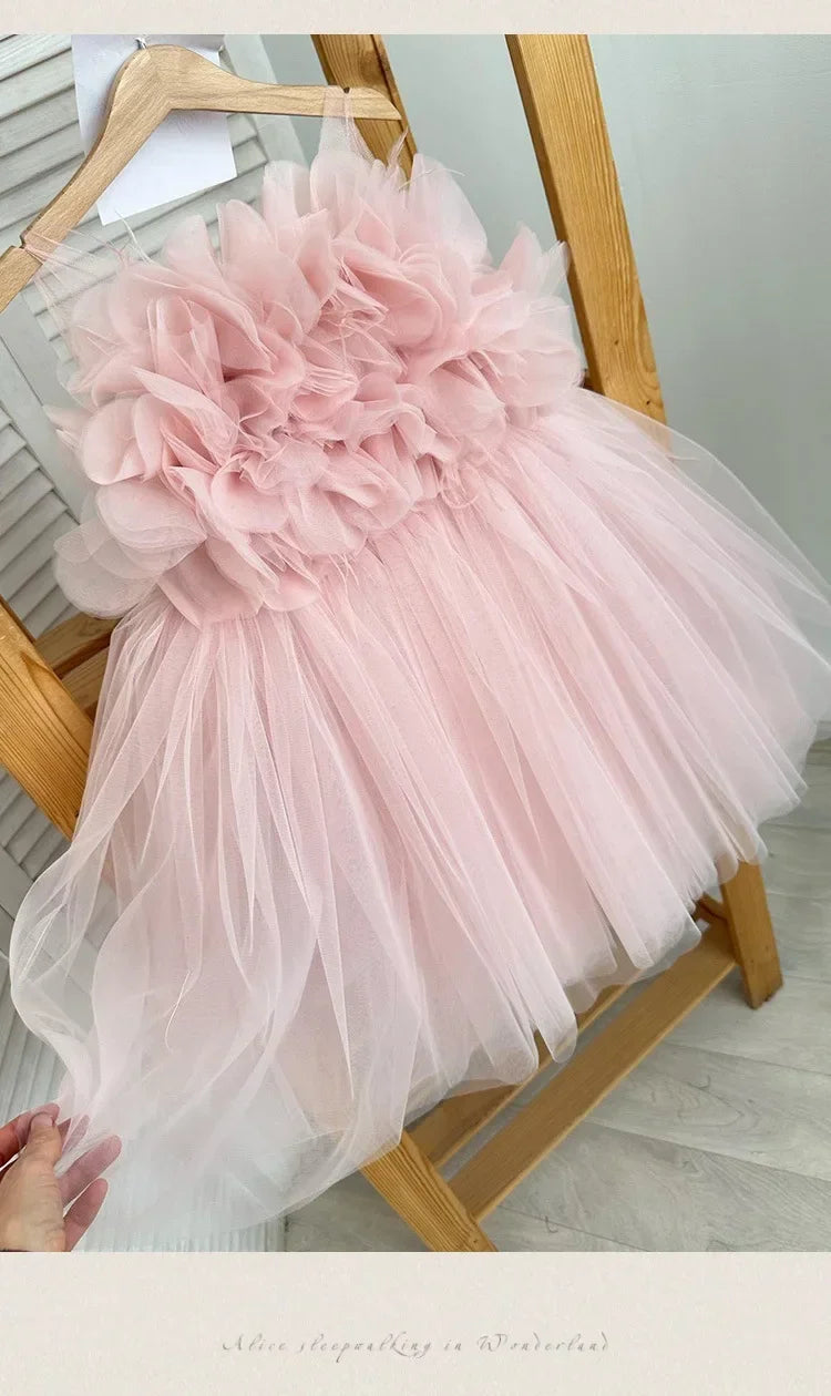 Girl Clothes Children's Flower Dress Wedding Princess Dresses Little Girls Pink Blue Strap Tulle Tutu Skirt Purple Spaghetti