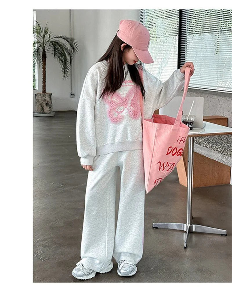New Girls Tracksuit Sets Autumn Spring Kids Lace Butterfly Sweatshirt+Pants 2Pcs Teen Loose Sports Suits Children Casual Outfits