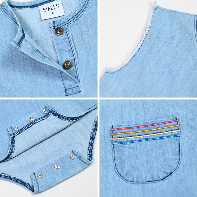 Summer kids clothes denim blue boy and girl dress t-shirt top set baby romper skirt colorful embroidery stripes children outfit
