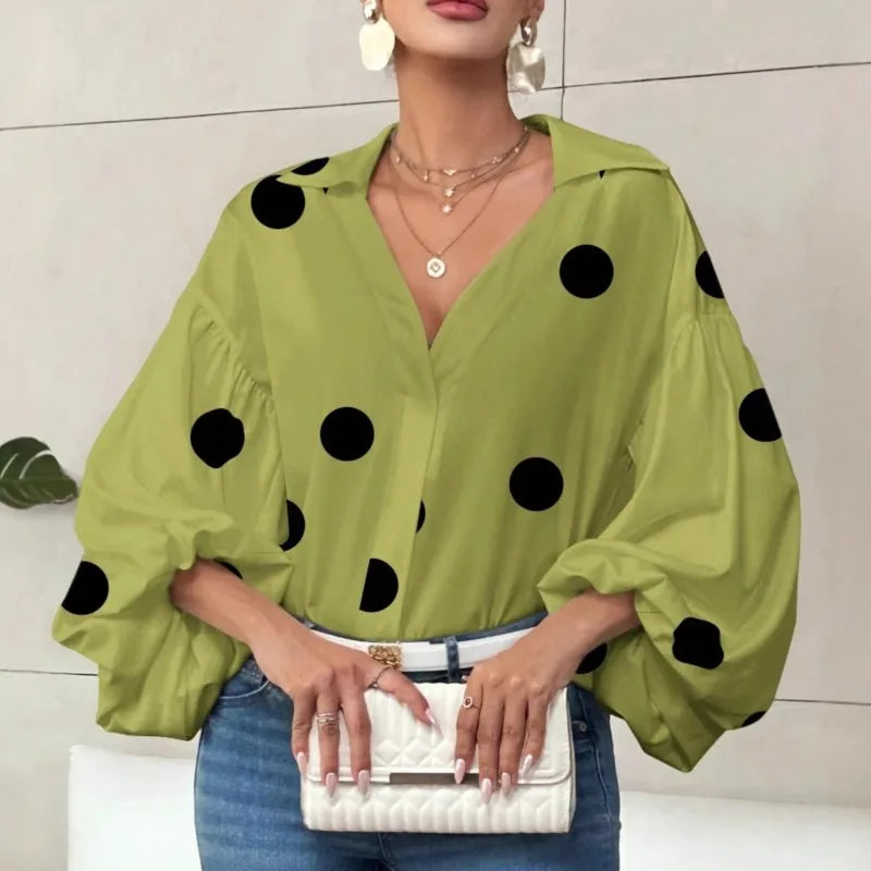 Boho Women's Blouses Spring Fall New Fashion French Polka Dot Half-neck Design Loose Puff Long-sleeve Top Casual Shirts Women