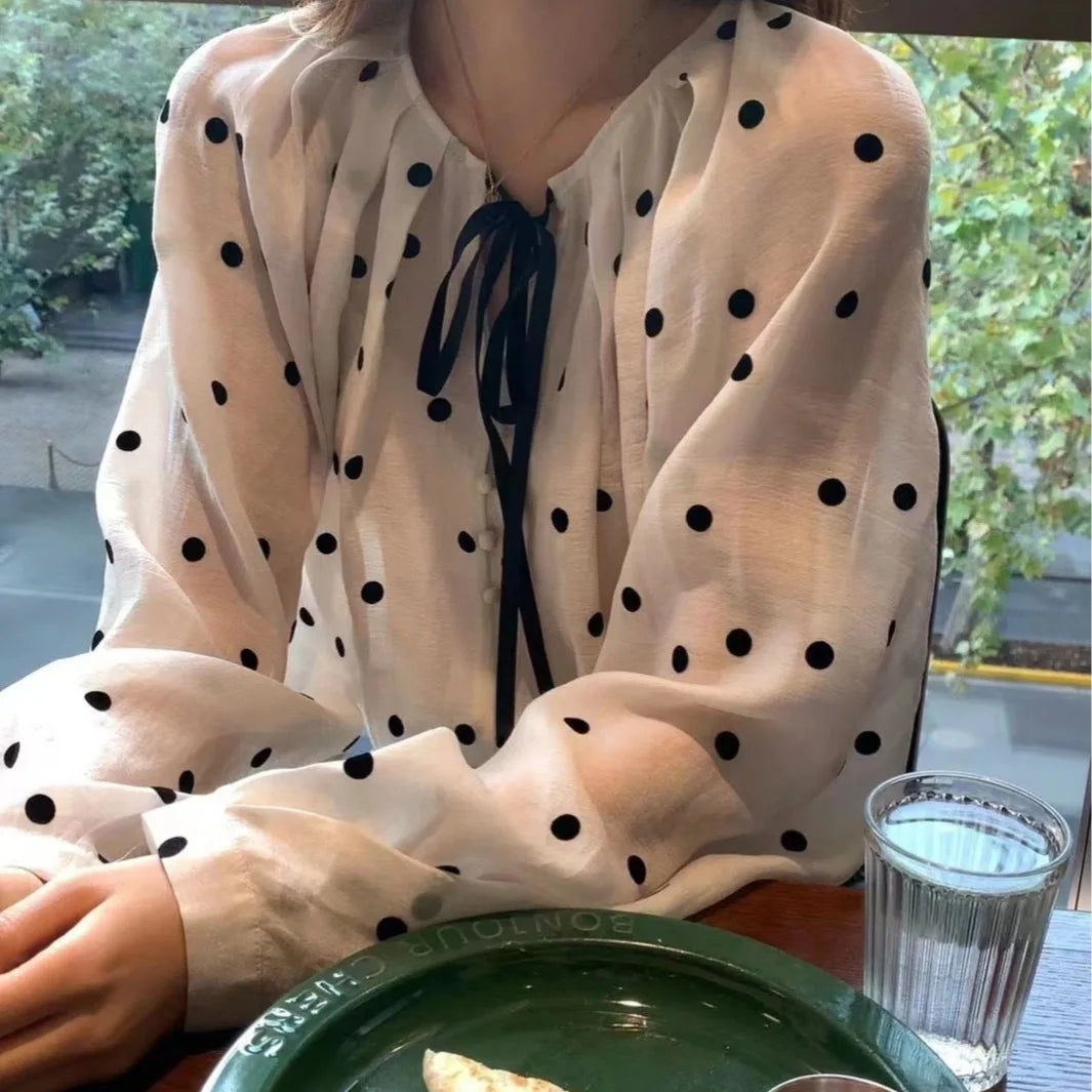 Sweet French Style Polka Dot Bubble Sleeve Sun Protection Shirt Women Spring Summer Fashion Anti Aging Doll Top Silk Blouse